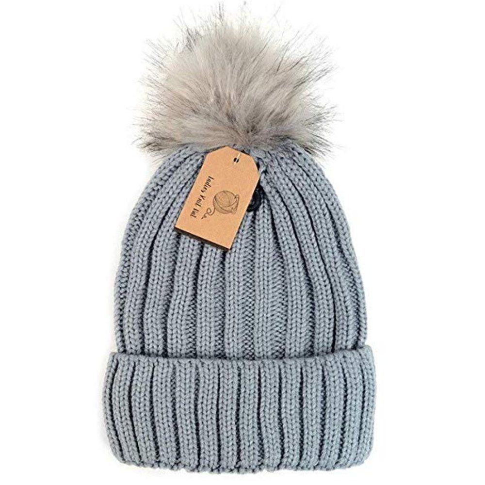 Grey Fashion Knit Winter Hat w/Fur Pom Poms